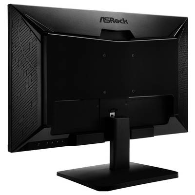 Rückansicht eines schwarzen ASRock-Computermonitors auf einem Ständer, der das Markenlogo und die kantige gemusterte Rückseite zeigt.