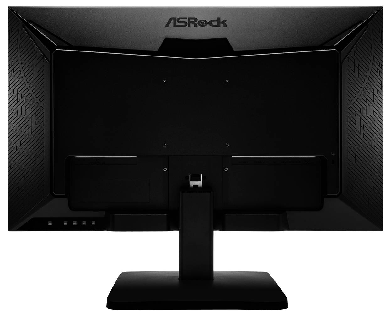 Rückansicht eines ASRock-Desktop-Monitors auf einem Ständer, zeigt das Rückfeld und den Kabelmanagement-Bereich.