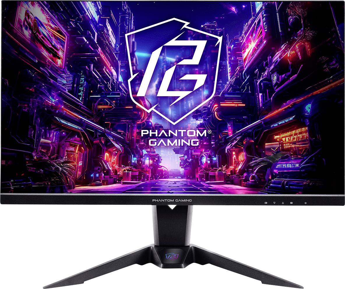 Phantom Gaming Monitor mit einer neon-futuristischen Stadtlandschaft auf dem Display, mit dem "PG"-Logo und dem Text "PHANTOM GAMING", auf einem Ständer dargestellt.