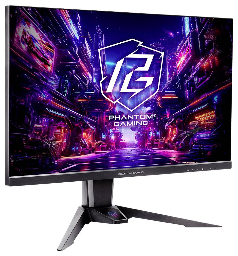 Gaming-Monitor mit einer neon-leuchtenden sci-fi-Gasse, auf dem das 'PG'-Logo und der Text 'PHANTOM GAMING' auf dem Bildschirm angezeigt werden