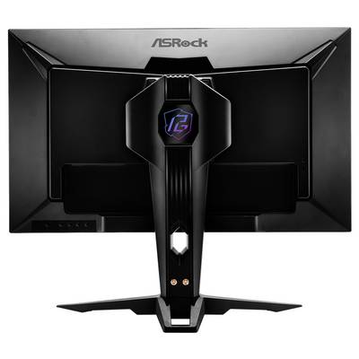 Rückansicht eines ASRock-Gaming-Monitors mit zentralem Ständer, eckigem schwarzem Design und RGB-Logo auf dem Ständer.