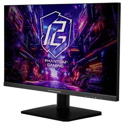 Gaming-Desktop-Monitor von Phantom mit einer leuchtenden Cyberpunk-Stadtlandschaft und großem „PG"-Logo auf dem Bildschirm, schwarzer Standfuß und Rahmen.