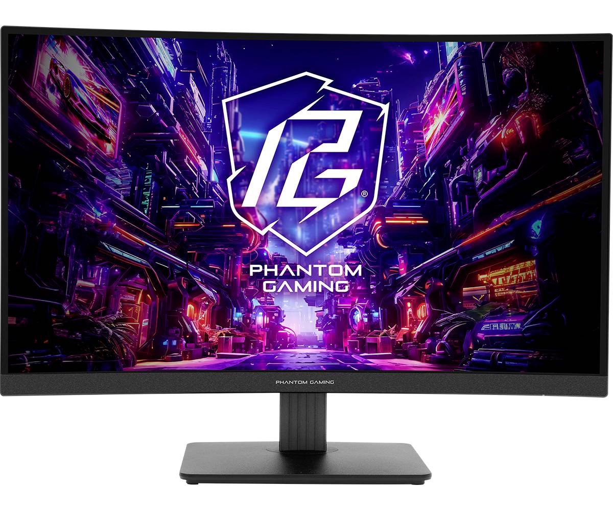 Gebogener Monitor, der das Logo "Phantom Gaming" über einer neon-leuchtenden Cyberpunk-Stadtszene anzeigt