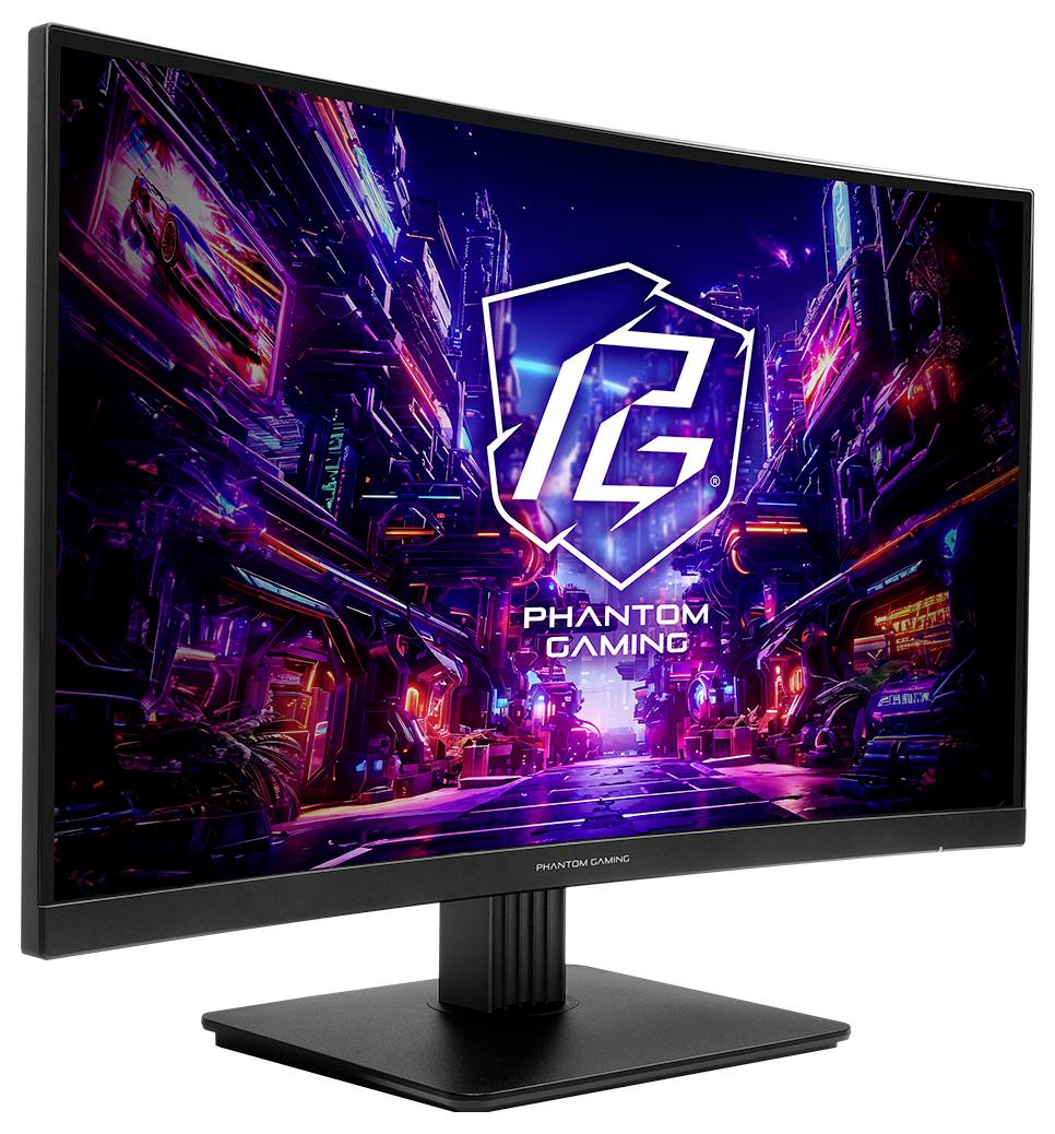 Gekrümmter Gaming-Monitor zeigt eine neon-cyberpunk-Szene mit dem 'PG'-Logo und dem Text 'PHANTOM GAMING'.