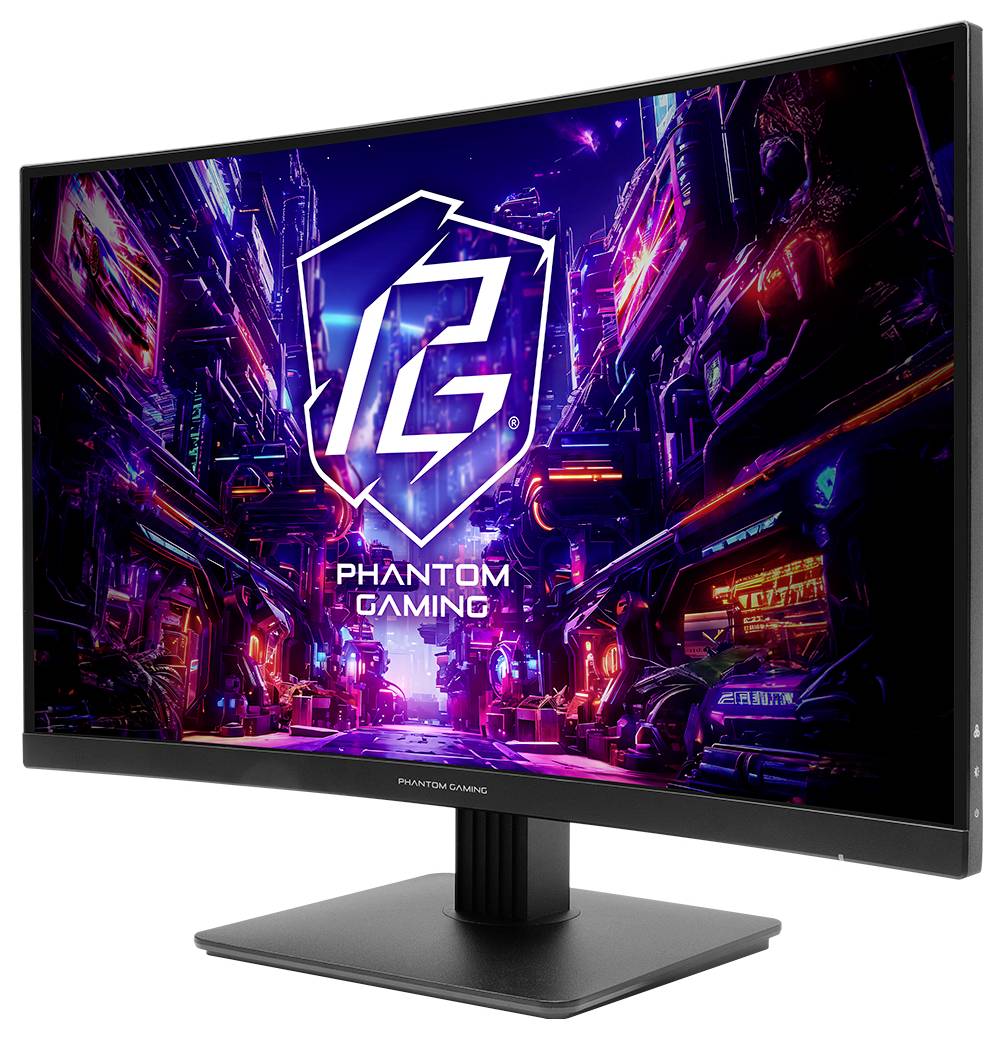 Gebogener Desktop-Monitor zeigt eine leuchtende Cyberpunk-Stadtszene mit dem Logo und Text "PHANTOM GAMING" auf dem Bildschirm.