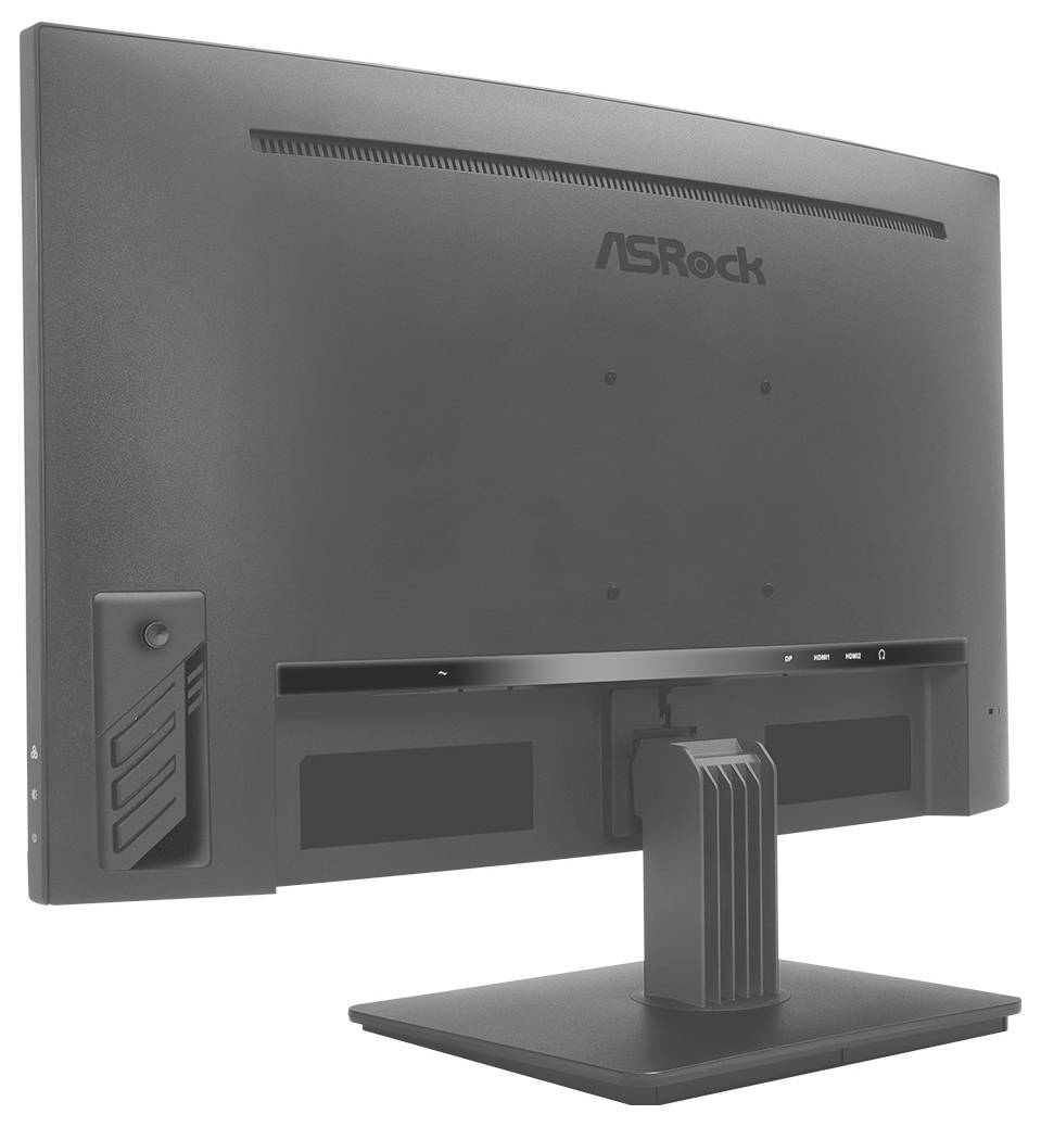 Rückseite eines ASRock-Desktop-Monitors auf einem Ständer, mit Lüftungsöffnungen, Anschlüssen und Bereich für Kabelmanagement.