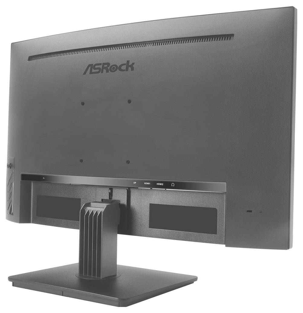 Rückansicht eines ASRock-Computermonitors auf einem Ständer, zeigt das Logo, Belüftungsschlitze und hintere Anschlüsse/Abdeckungen.