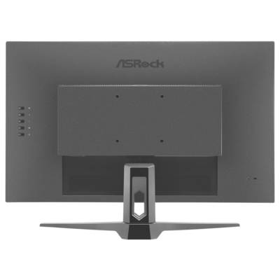 Rückansicht eines ASRock-Desktop-Monitors auf einem Ständer, die das Rückenpaneel, den VESA-Montagebereich und die verstellbare Basis zeigt.