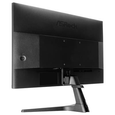 Rückansicht eines ASRock-Monitors auf einem Ständer, der die Rückwand und den Kabelbereich vor weißem Hintergrund zeigt.