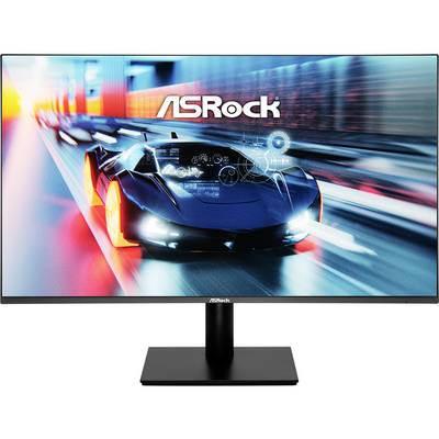ASRock Monitor zeigt eine futuristische Rennwagenszene mit Geschwindigkeitsbewegungsstreifen und digitalen Overlay-Grafiken.