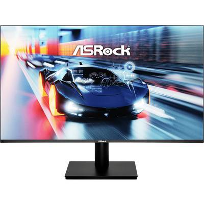 ASRock-Spielmonitor zeigt einen schnell fahrenden blauen Sportwagen mit Neon-Bewegungsunschärfe und digitalen HUD-Grafiken