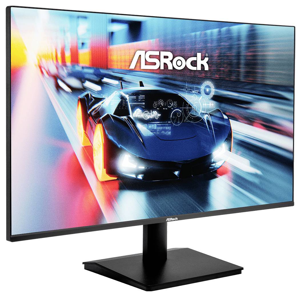 ASRock-Computermonitor zeigt eine futuristische Rennwagenszene auf einer farbenfrohen Stadtstraße an