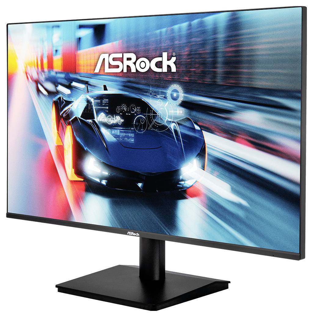 ASRock-Monitor zeigt eine futuristische Rennwagenszene mit Bewegungsunschärfe und digitalen HUD-Grafiken.