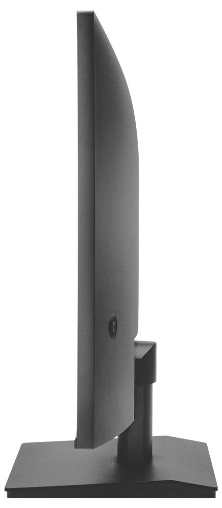 Seitenansicht eines schwarzen Computermonitors auf einem Ständer, der die schlanke gekrümmte Rückseite und die Basis zeigt.