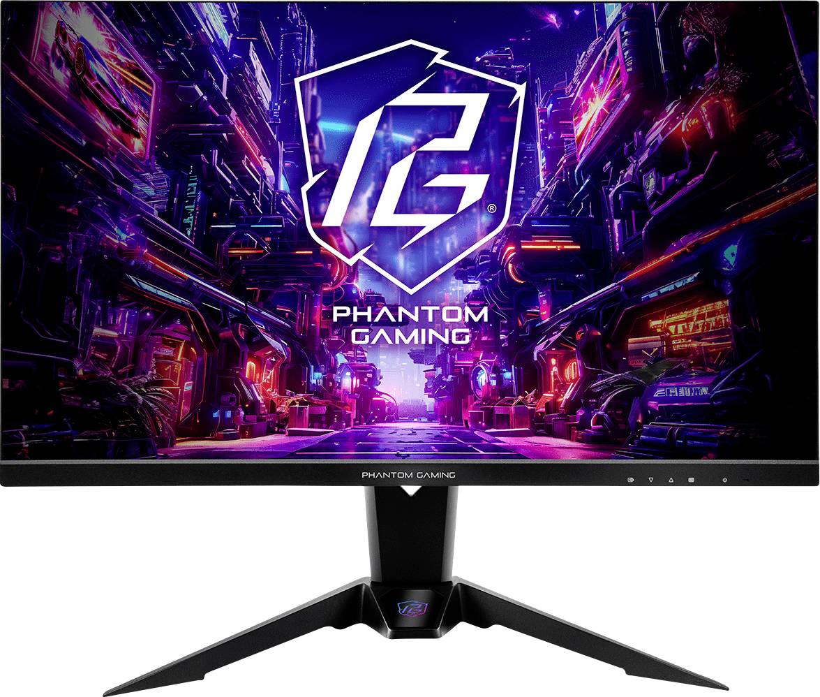 Gaming-Monitor zeigt das Logo „Phantom Gaming" in einer neonbeleuchteten Science-Fiction-Stadtszene auf dem Bildschirm, montiert auf einem schwarzen Ständer mit breiter Dreibein-Basis.