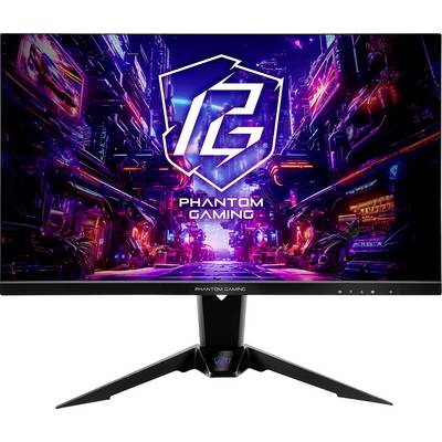 Gaming-Monitor zeigt das Logo „Phantom Gaming" in einer neonbeleuchteten Science-Fiction-Stadtszene auf dem Bildschirm, montiert auf einem schwarzen Ständer mit breiter Dreibein-Basis.