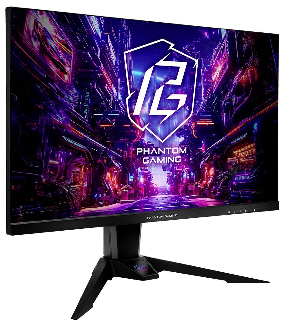 Phantom Gaming Monitor zeigt eine Neon-Cyberpunk-Spielgrafik mit dem Phantom Gaming Logo und Text auf dem Bildschirm an.