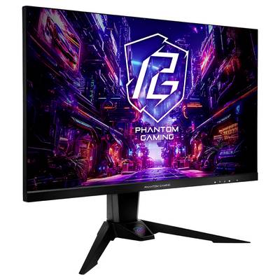 Phantom Gaming Monitor zeigt eine Neon-Cyberpunk-Spielgrafik mit dem Phantom Gaming Logo und Text auf dem Bildschirm an.