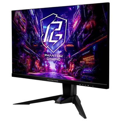 Phantom Gaming Monitor zeigt eine leuchtende Sci-Fi-Stadtszene mit dem Phantom Gaming-Logo und Text auf dem Bildschirm.