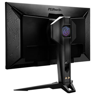 ASRock Gaming-Monitor auf einem Ständer, von hinten gezeigt mit schwarzem kantigem Design und beleuchtetem Logo auf dem Stützarm.