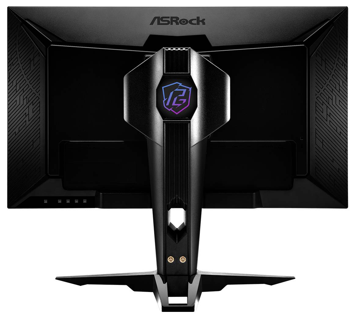 Rückansicht eines ASRock-Gaming-Monitors mit zentralem RGB-Logo und winkeligem Ständer auf weißem Hintergrund.