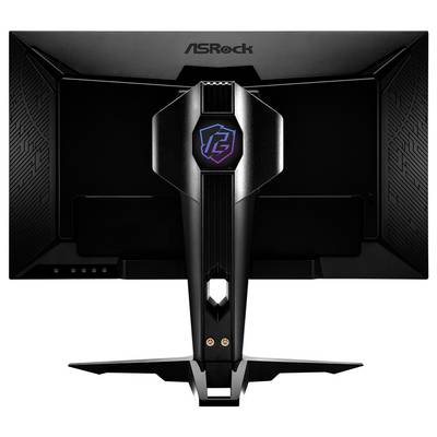 Rückansicht eines ASRock-Gaming-Monitors mit zentralem RGB-Logo und winkeligem Ständer auf weißem Hintergrund.