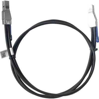 Schwarzes Kabel mit zwei unterschiedlichen Metallsteckern an jedem Ende, aufgerollt auf weißem Hintergrund.