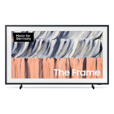 Flachbildschirm-Fernseher mit abstrakten Pinselstrichen und dem Text „Made for Germany" und „The Frame".