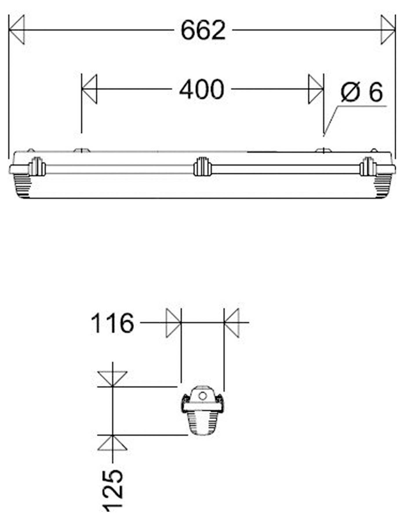 Technische Maßstabszeichnung einer langen zylindrischen Leuchte: 662 mm Gesamtlänge, 400 mm Montageabstand, 6 mm Bohrungen und 116 x 125 mm Seitendimensionen.