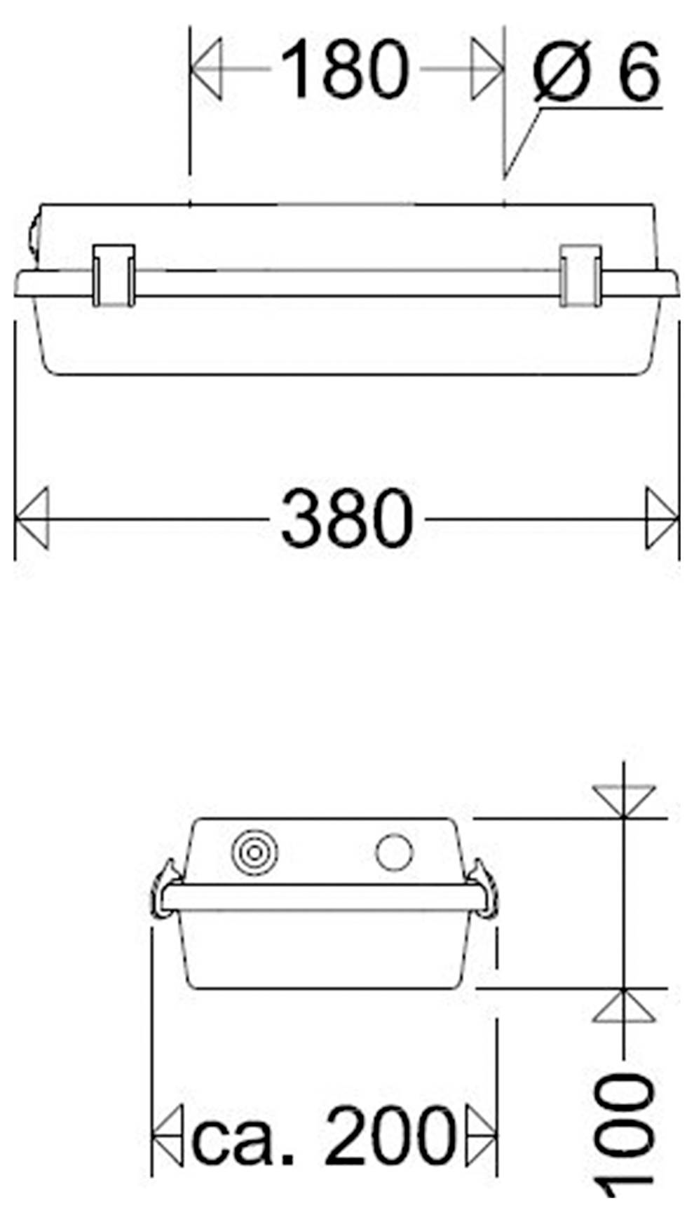 Technische Zeichnung eines Behälters mit Deckel mit Abmessungen: 180 mm breit, 380 mm lang, 100 mm hoch, ungefähr 200 mm Basisbreite und 6 mm Löcher.