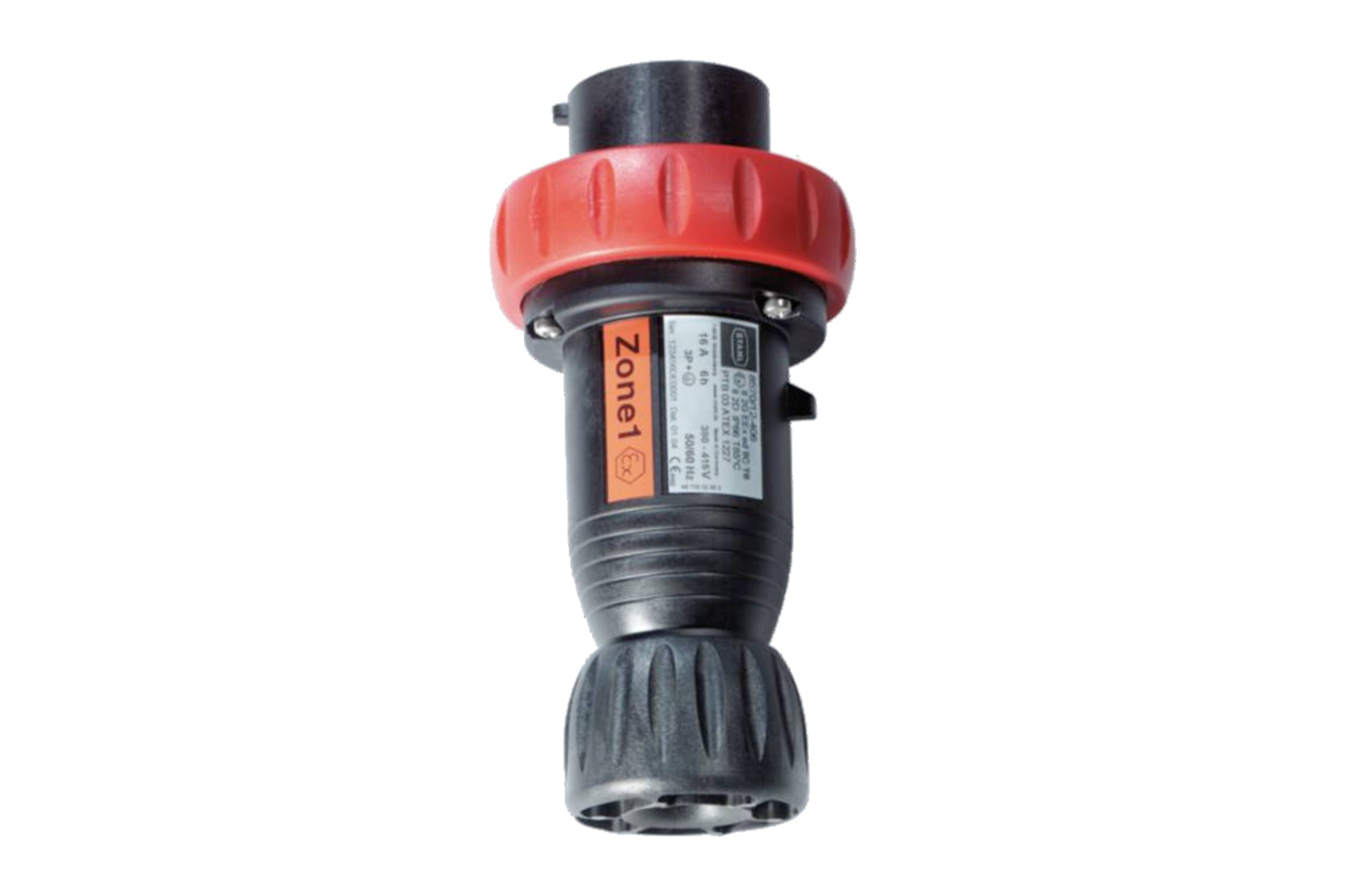 Industrieller elektrischer Stecker mit rotem Verriegelungsring und schwarzem Gehäuse, das mit „Zone 1" beschriftet ist, auf weißem Hintergrund.
