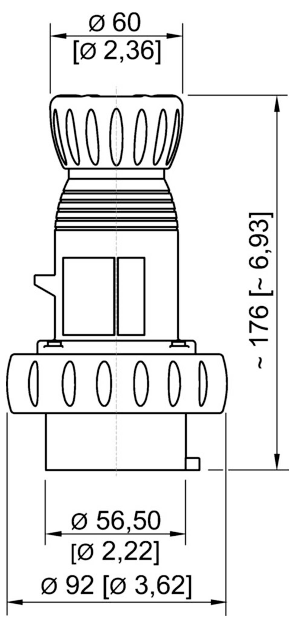 Technische Zeichnung eines zylindrischen Bauteils mit markierten Abmessungen: 60 mm Oberdurchmesser, 92 mm Basisdurchmesser und 176 mm Höhe.