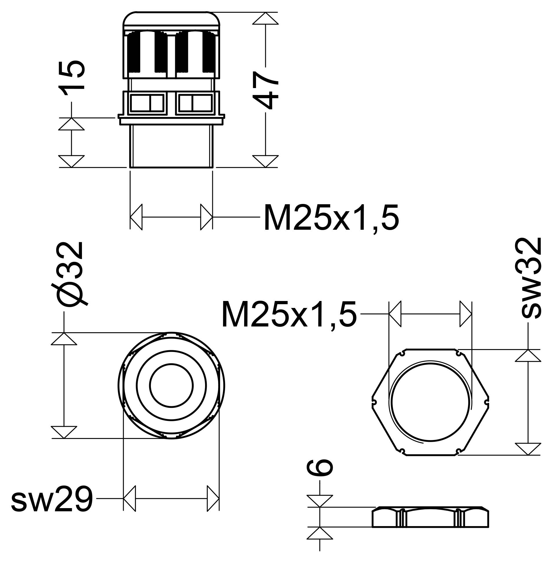 Technische Zeichnung einer Hex-Kabelverschraubung mit Abmessungen und Gewindegröße M25x1,5, mit 32 mm Durchmesser und Schraubenschlüsselgrößen SW29 und SW32.
