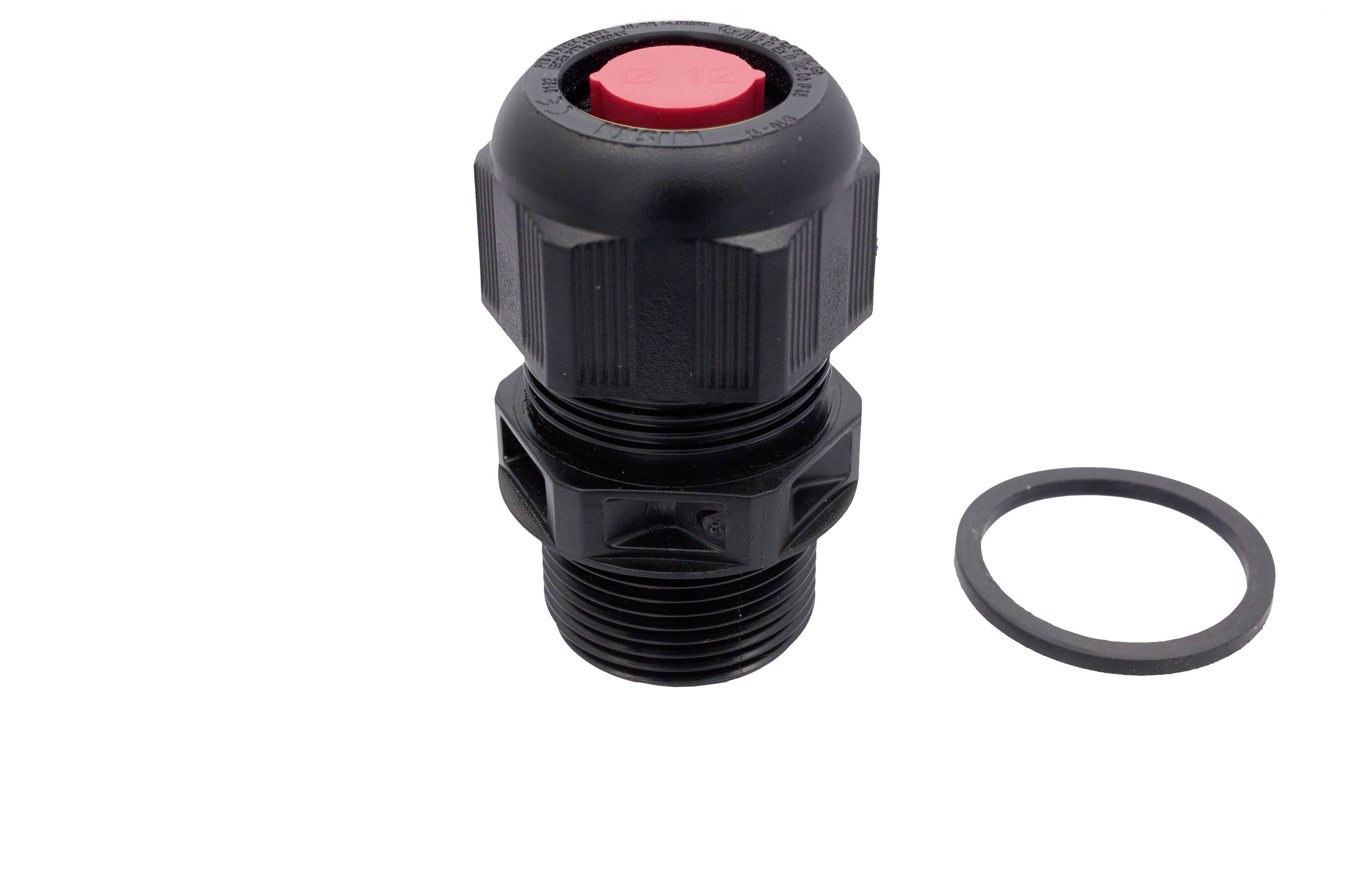 Schwarzer Kabeleinführungsstecker mit roter Kappe und separatem Gummi-O-Ring auf weißem Hintergrund.