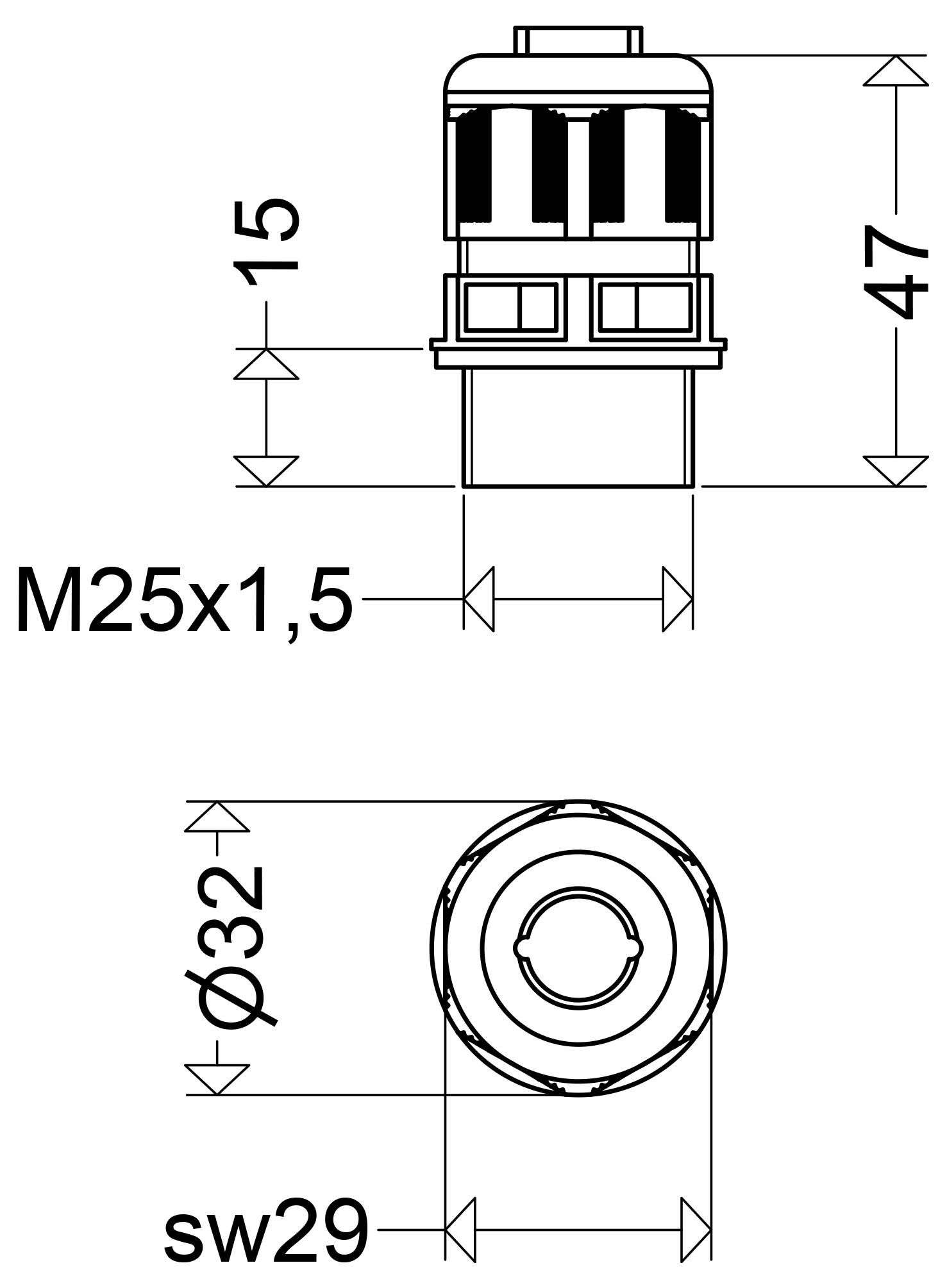 Technische Zeichnung eines zylindrischen Teils mit beschrifteten Abmessungen M25x1,5, 47, 15, Durchmesser 32 und sw29, dargestellt in Seiten- und Draufsicht.