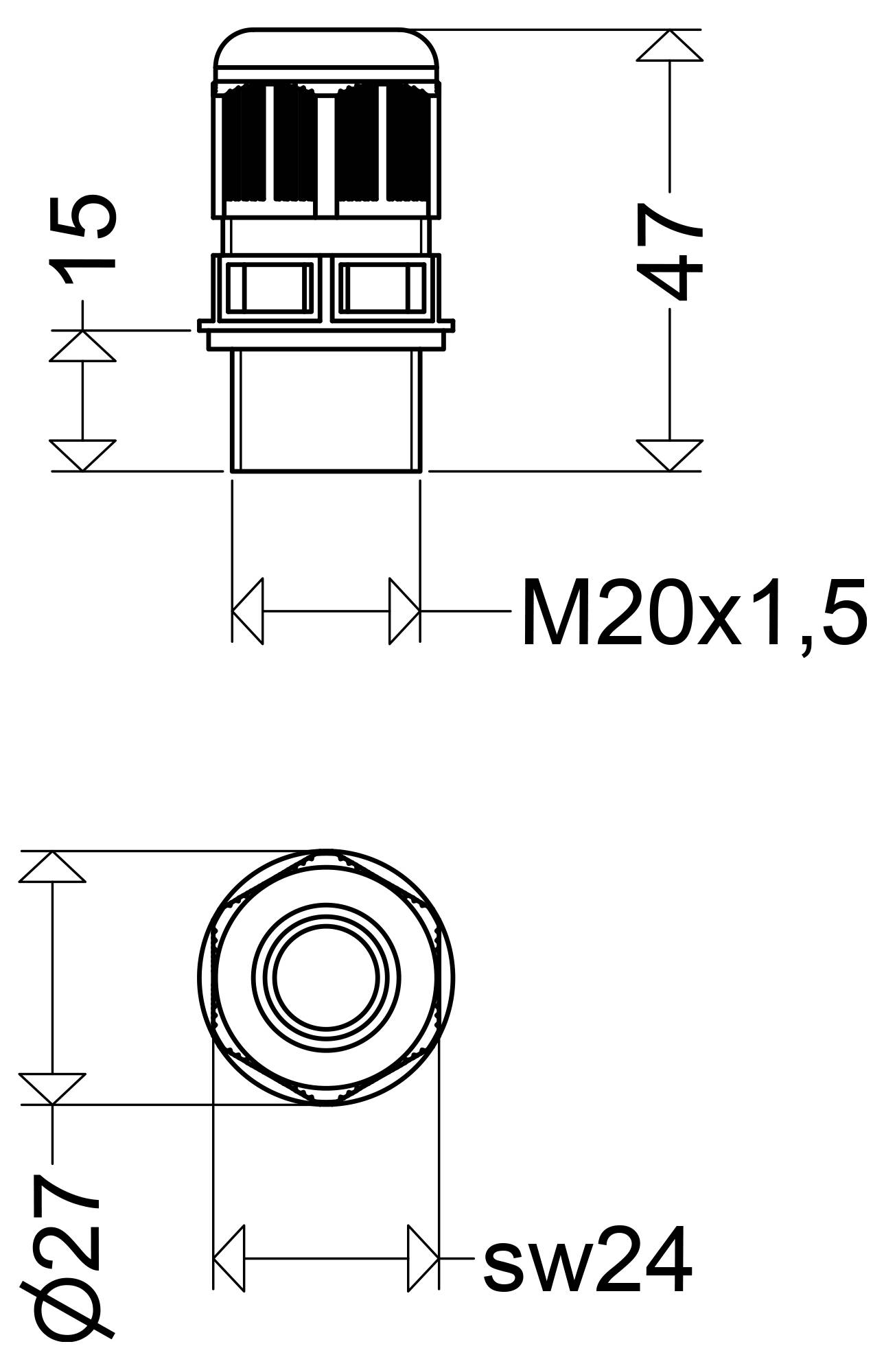 Technische Zeichnung eines zylindrischen Teils mit Seiten- und Draufsicht mit Abmessungen 47, 15, Ø27, M20x1,5 und sw24.
