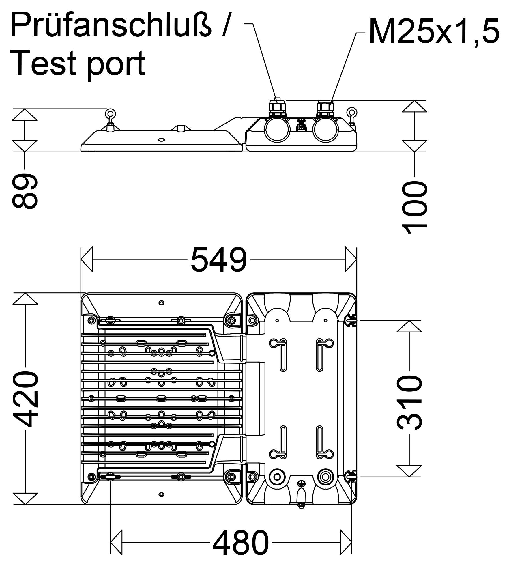 Technische Zeichnung einer rechteckigen mechanischen Einheit, beschriftet mit „Prüfanschluß / Testanschluss" und „M25x1,5", mit Vorder- und Seitenansichten sowie Abmessungsmessungen.