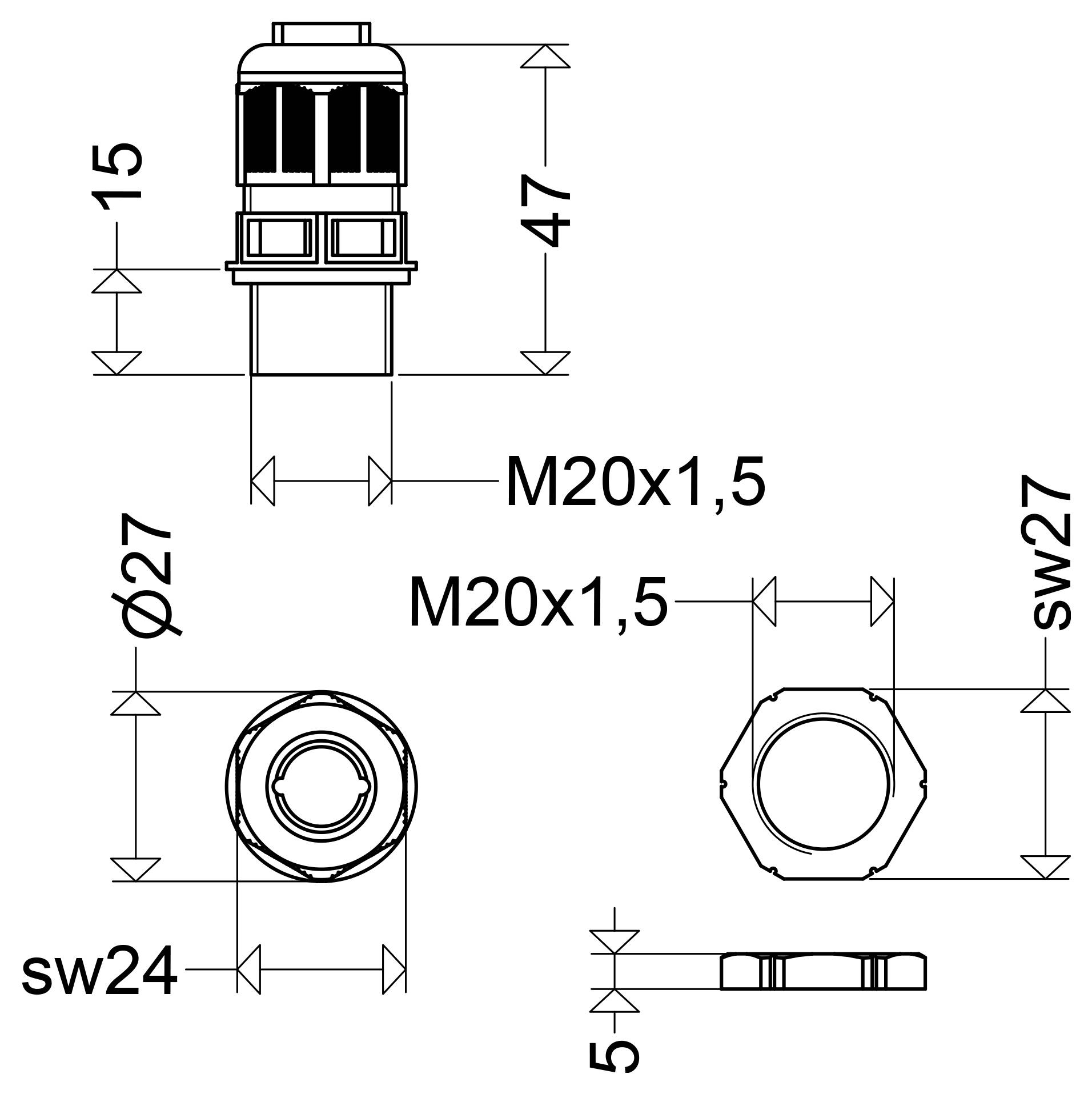 Technische Maßzeichnung einer Gewindezylinderbaugruppe mit M20x1,5-Gewinde, zeigt Seiten-, Draufsicht und Vorderansicht mit Abmessungen von 47, 27, 15 und 5 mm.