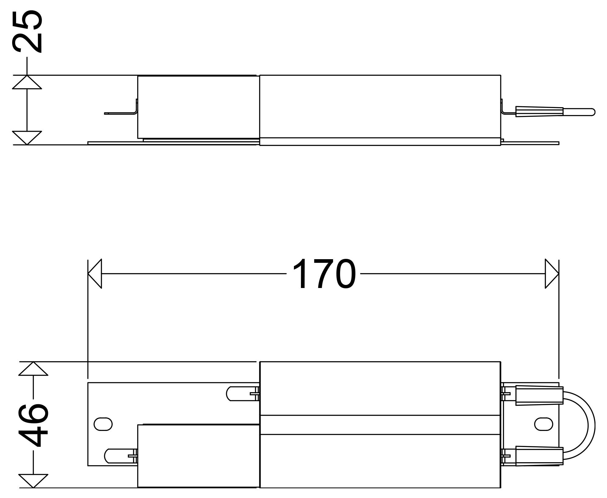 Technische Zeichnung eines rechteckigen Geräts mit den Abmessungen 170 mm Länge und 46 mm Breite, plus eine Höhe von 25 mm in der Seitenansicht dargestellt.