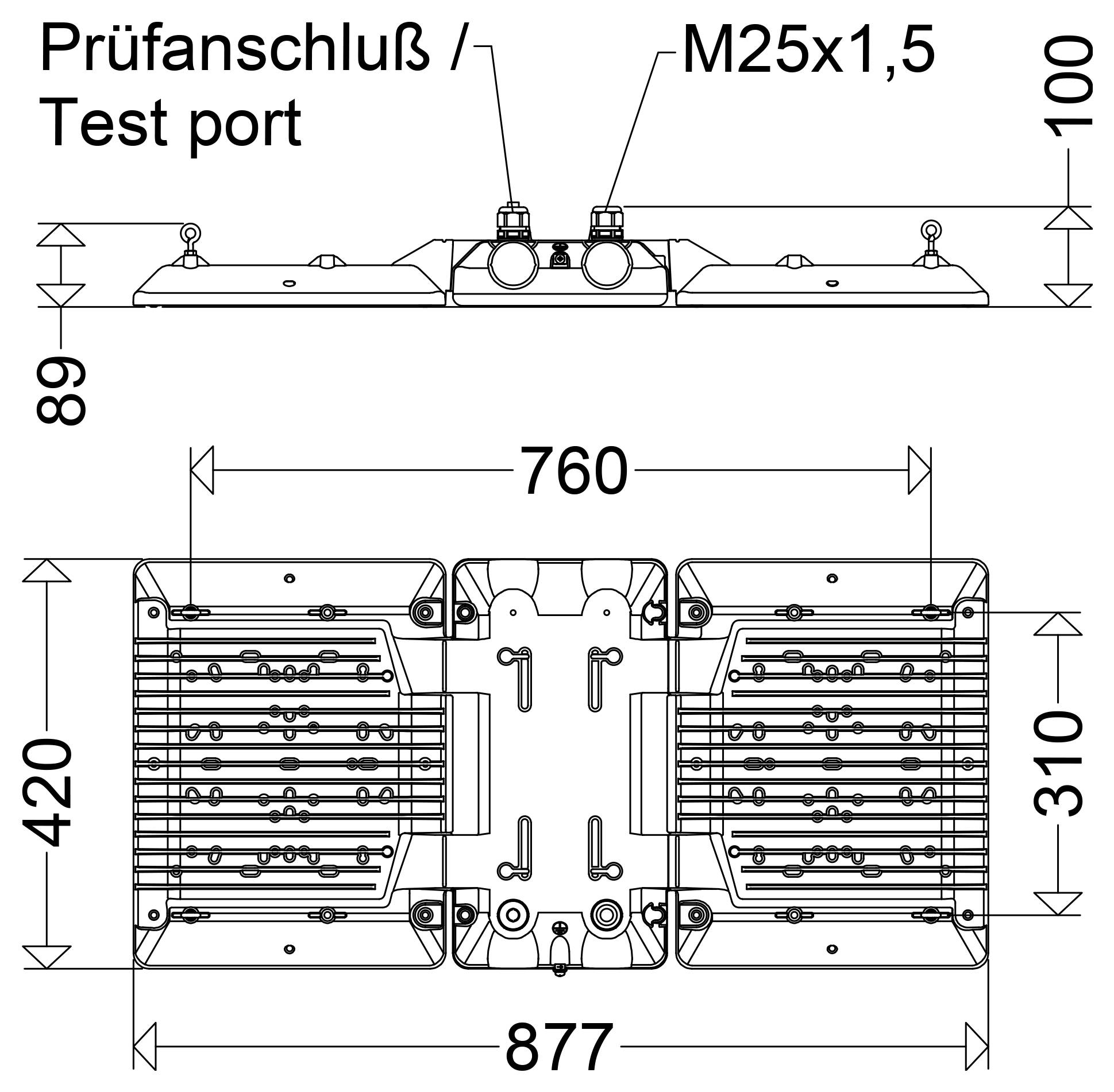 Technische Maßzeichnung eines rechteckigen Geräts mit zwei Seitenmodulen und einer Zentraleinheit, gekennzeichnet mit „Prüfanschluß / Testanschluß" und „M25x1,5", zeigt Gesamtgröße 877 x 420 mm und weitere Maße.