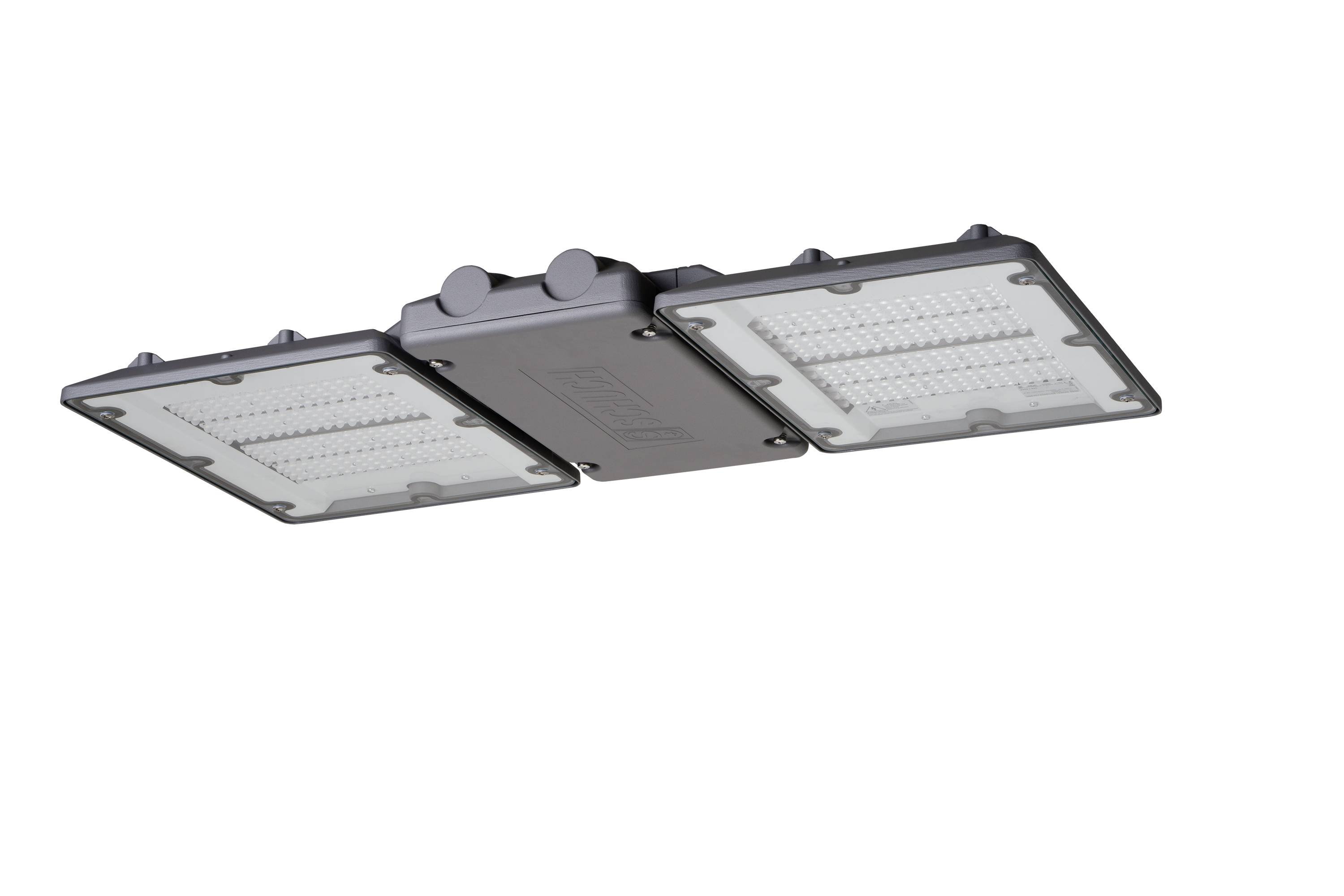 Dreiflächige LED-Sicherheitsleuchte mit zentralem Bewegungsmelder auf weißem Hintergrund.