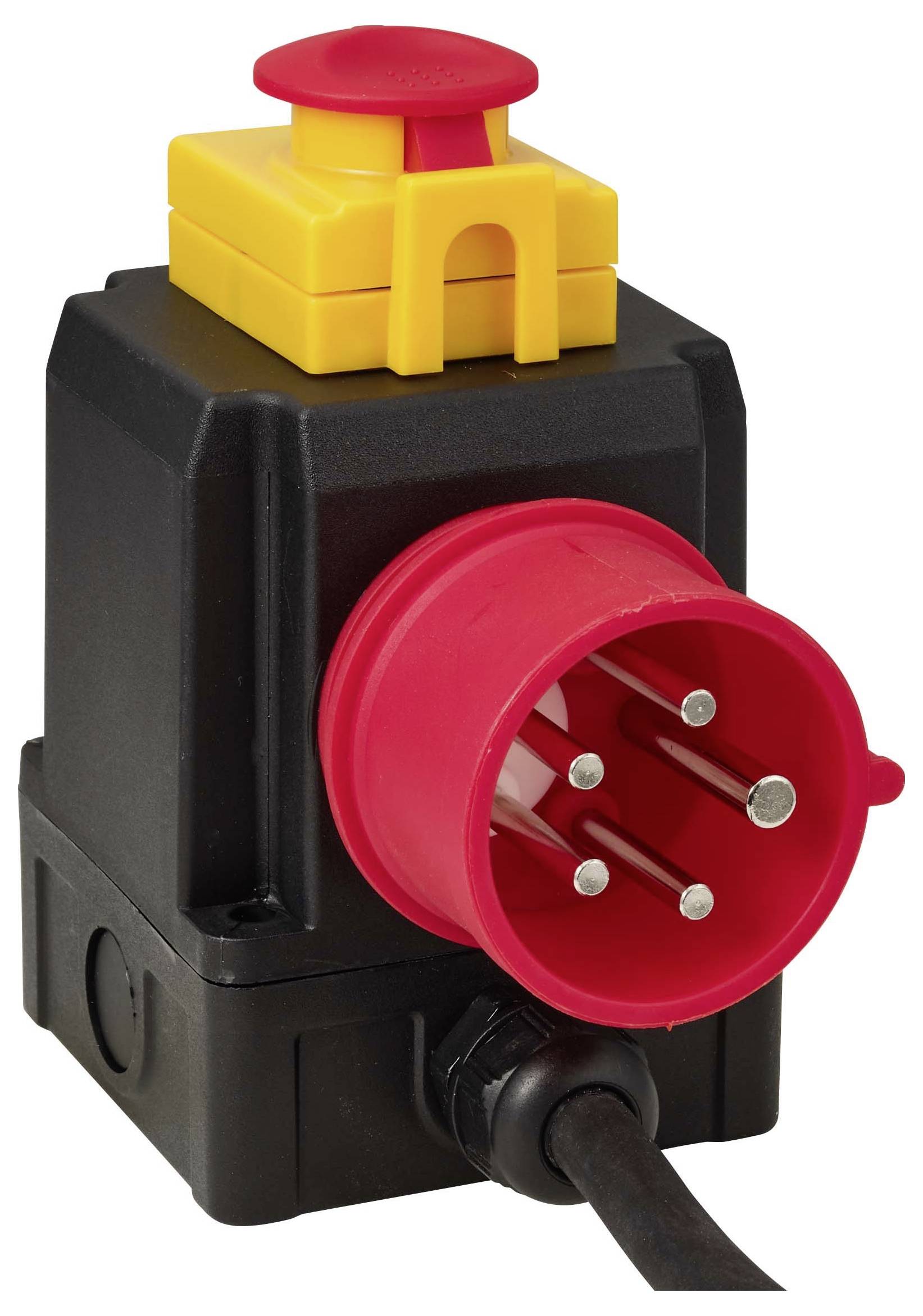 Schwarzer Elektrostecker mit rotem rundem Stecker, gelbem Schutzdeckel und angeschlossenem Kabel auf weißem Hintergrund.