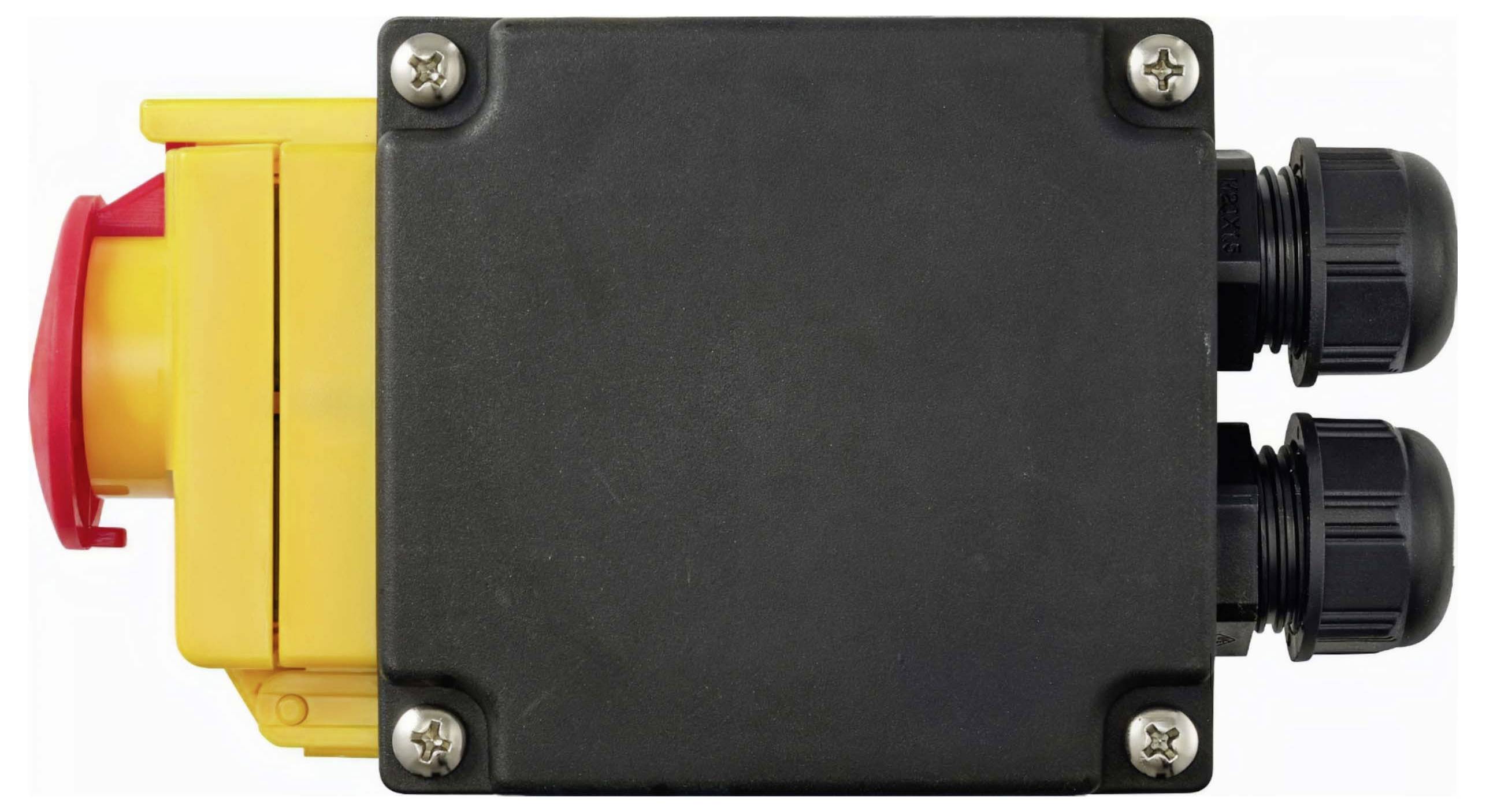 Industrielle Elektroschalterbox mit einem roten Notfall-Schalter auf der linken Seite und zwei schwarzen Steckverbindern auf der rechten Seite