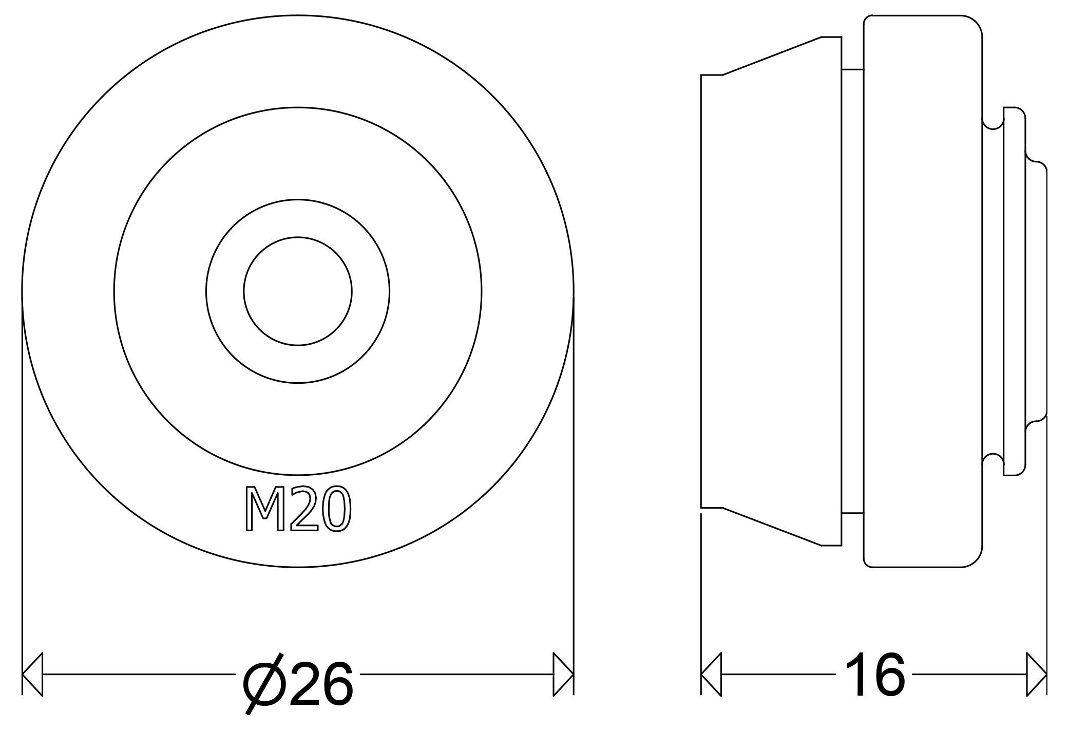 Technische Maßstabzeichnung einer runden M20-Komponente mit Vorder- und Seitenansicht, die einen Durchmesser von 26 mm und eine Tiefe von 16 mm zeigt.