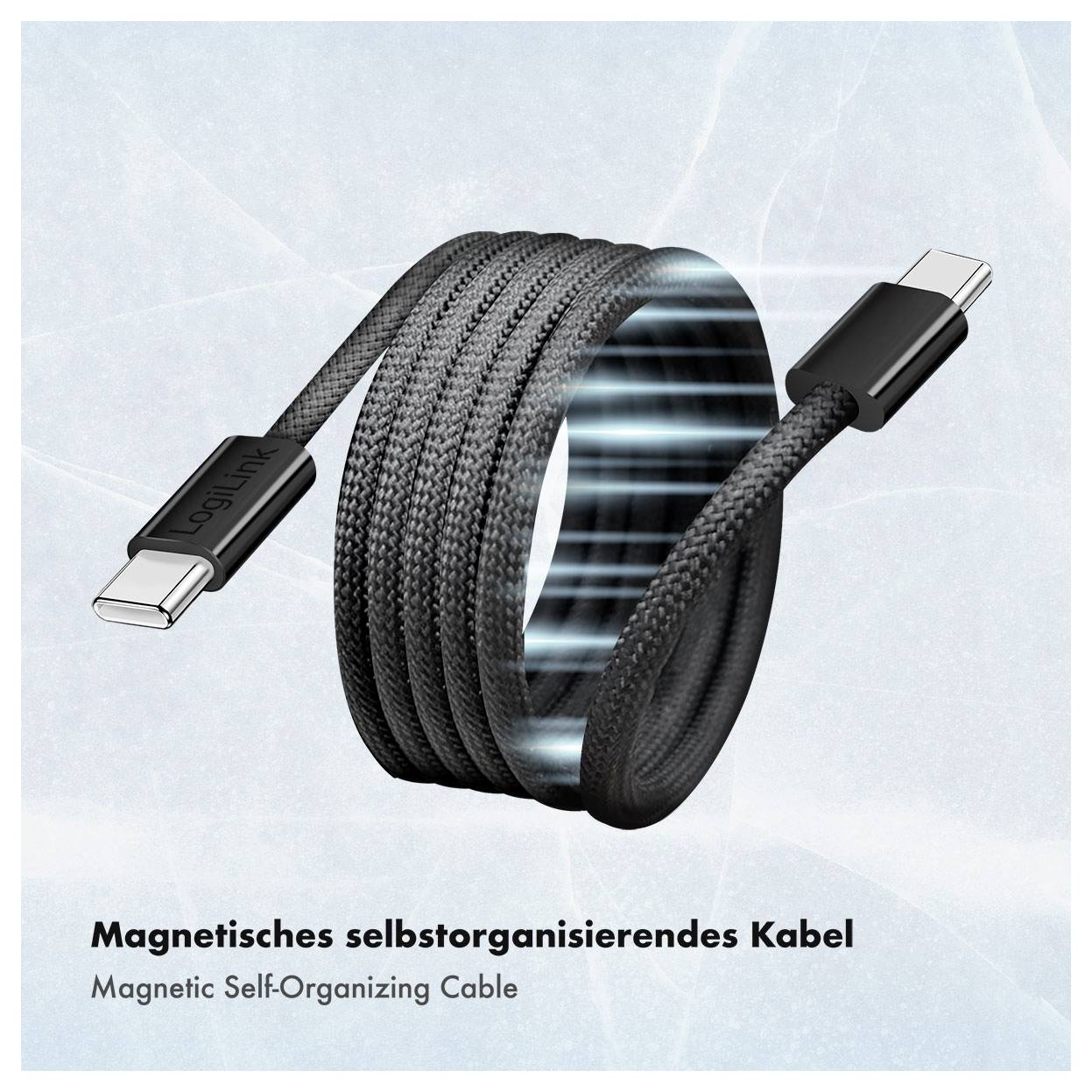 Aufgerolltes schwarzes USB-C-Ladekabel mit magnetischem selbstorganisierendem Kern, gezeigt auf hellblauem Hintergrund mit dem Text „Magnetisches selbstorganisierendes Kabel".