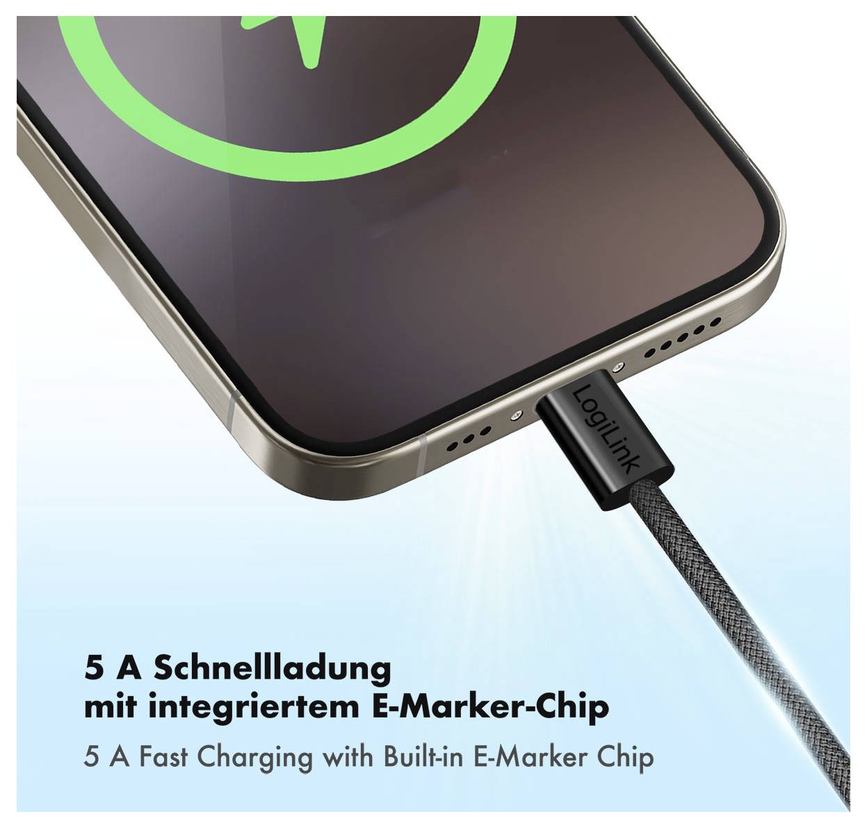 Smartphone-Aufladung via USB-C-Kabel mit integriertem E-Marker-Chip; Text besagt „5 A Schnellladung mit integriertem E-Marker-Chip" und „5 A Schnellladung mit integriertem E-Marker-Chip"
