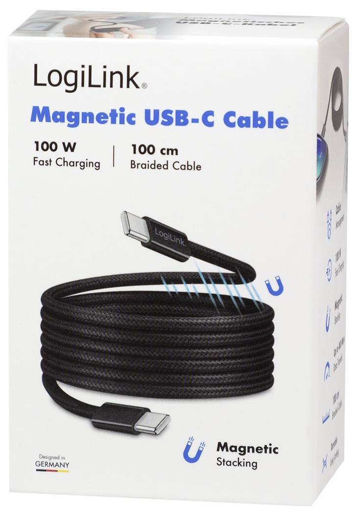 LogiLink magnetisches USB-C-Kabel-Verpackung, die 100-W-Schnellladung, 100-cm-geflochtenes Kabel und magnetische Stapelbarkeit zeigt.