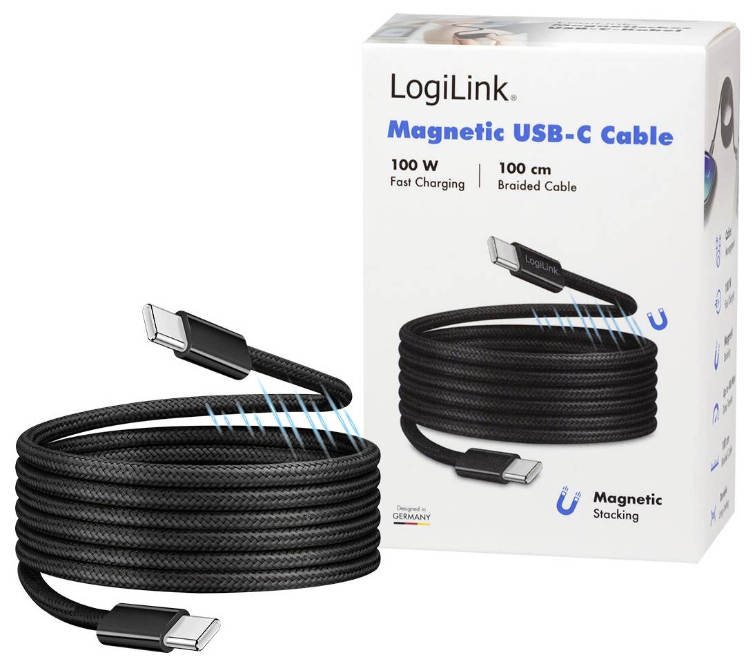 LogiLink magnetisches USB-C-Kabel Produktbild mit aufgewickeltem geflochtenem Kabel, 100 W Schnellladevorgang, 100 cm Länge und magnetischer stapelbarer Verpackung.