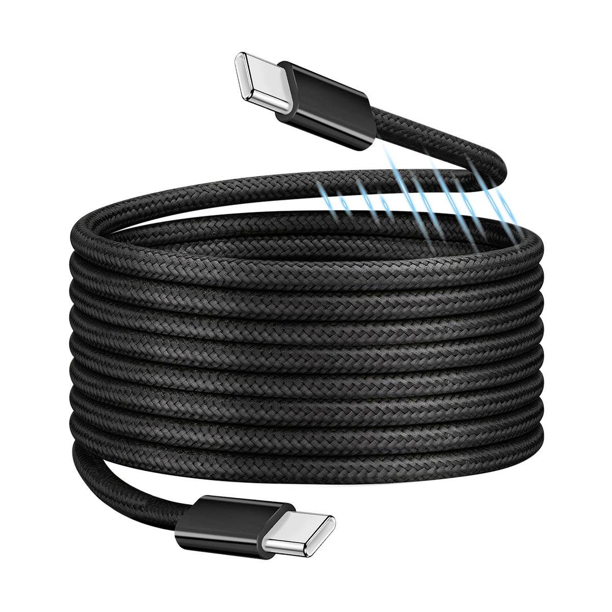 Schwarzes geflochtenes USB-C-Ladekabel ordentlich aufgerollt, mit leuchtenden blauen Linien, die schnelles Laden andeuten.
