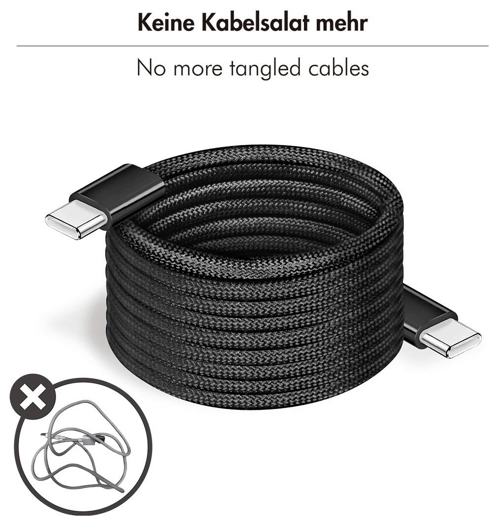 Spiralisiertes geflochtenes USB-C-Kabel mit dem Text „Keine verworrenen Kabel mehr" und einem durchgestrichenen Symbol für verworrene Kabel, das zeigt, dass es gegen Verwicklung resistent ist.